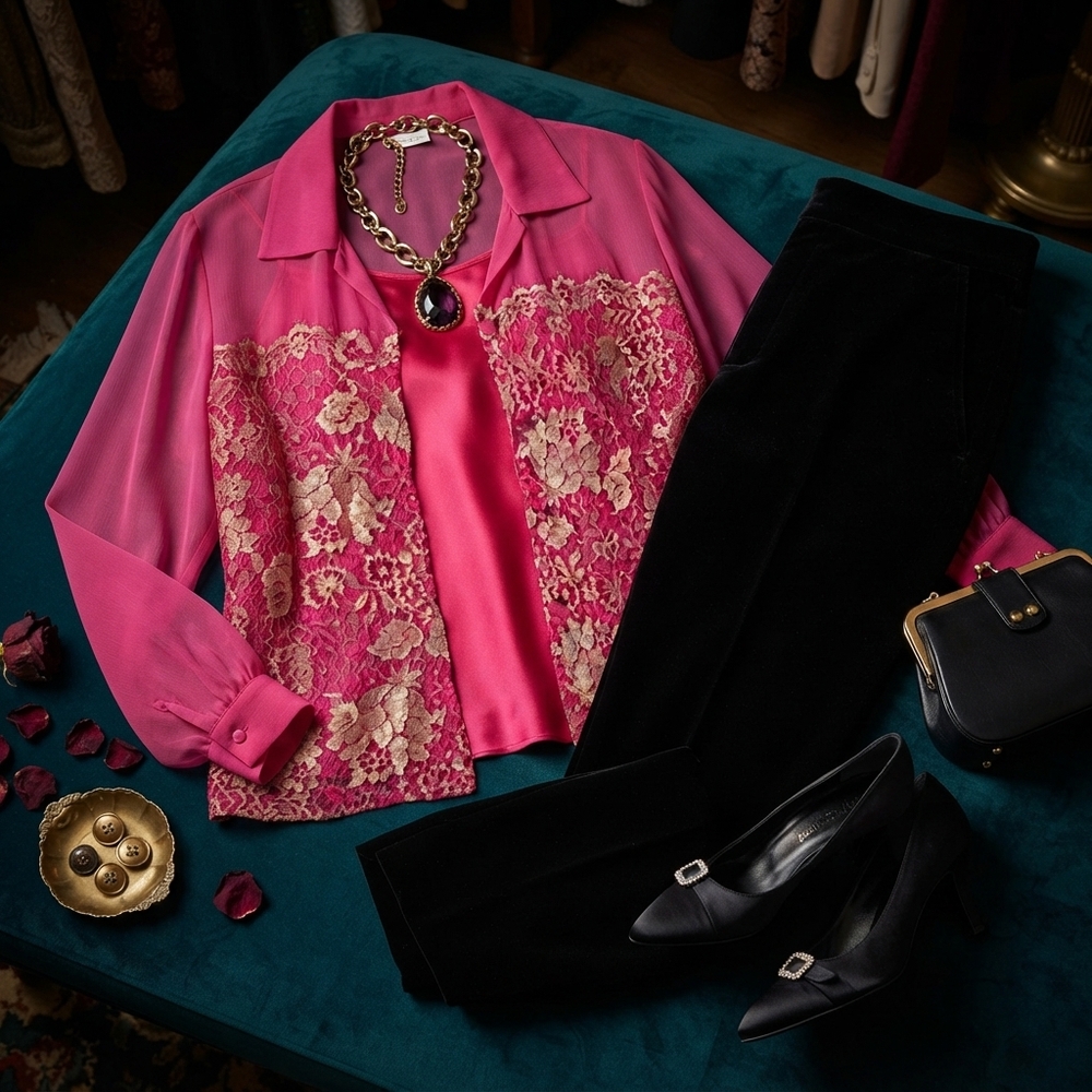 Vintage Alfred Sung Fuchsia Silk Twin Set Lace Overlay Blouse Cami
